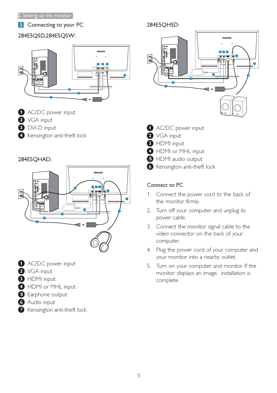 Philips 2.84E+07 user manual Setting up the monitor 