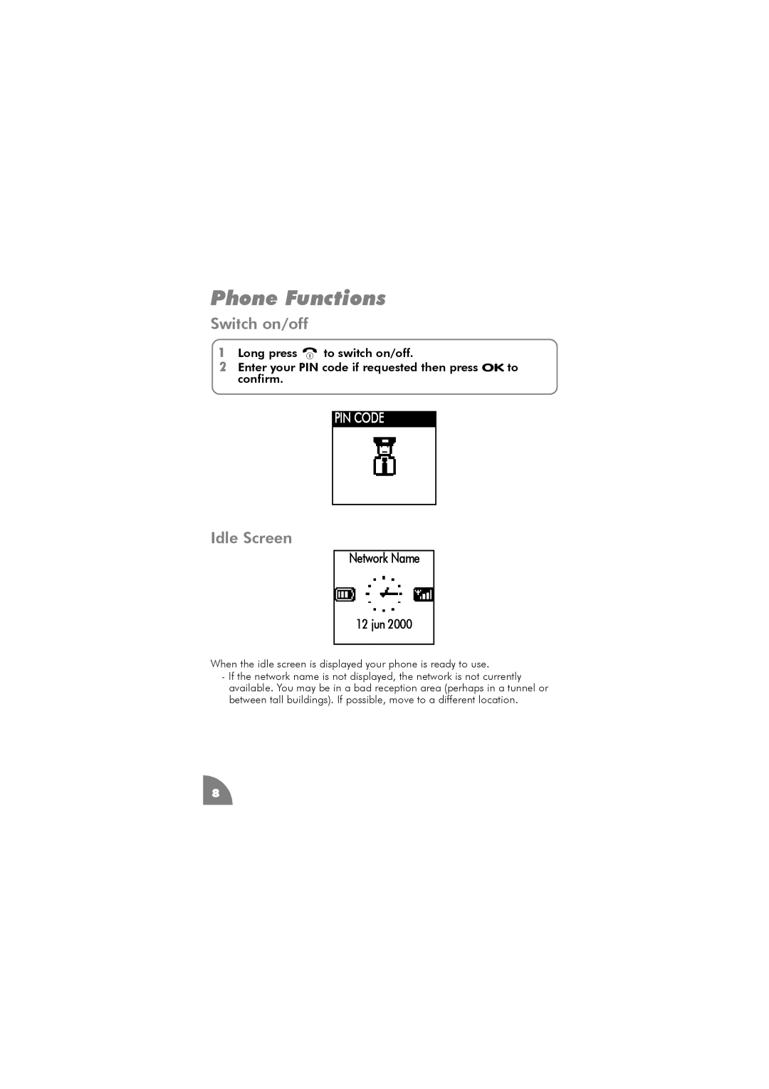 Philips 288 manual Phone Functions, Switch on/off, Idle Screen 