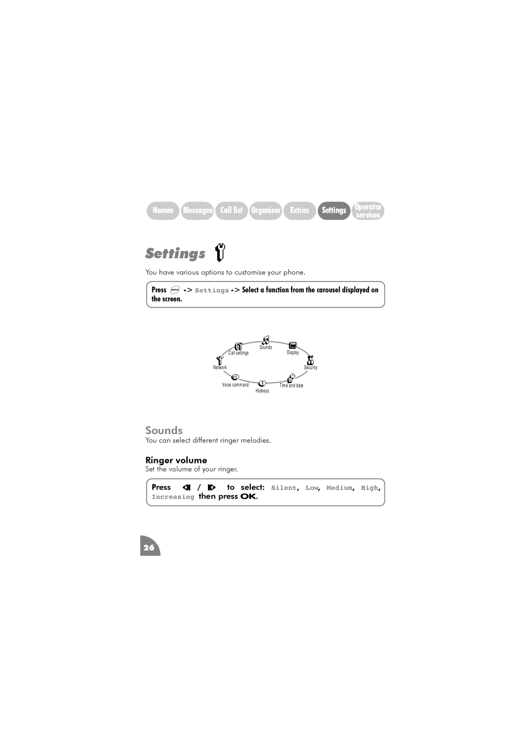 Philips 288 manual Settings, Sounds, Ringer volume 