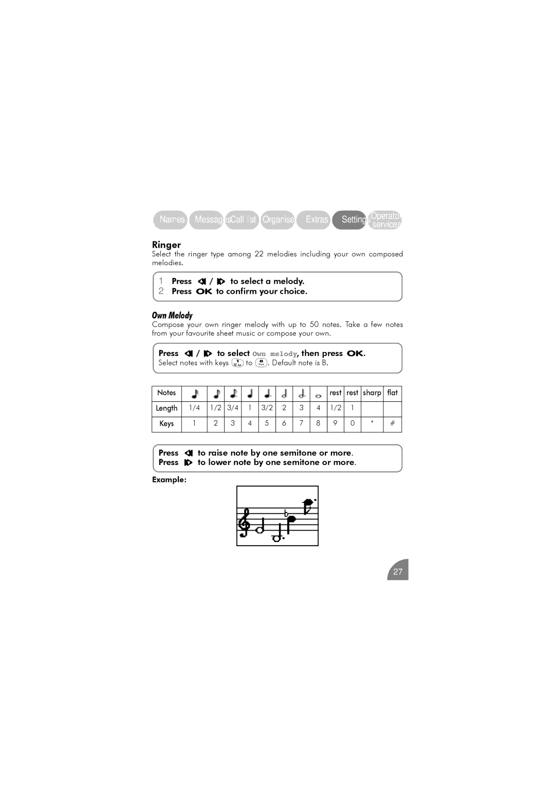 Philips 288 Ringer, Press / to select a melody Press o to confirm your choice, Press / to select Own melody, then press o 