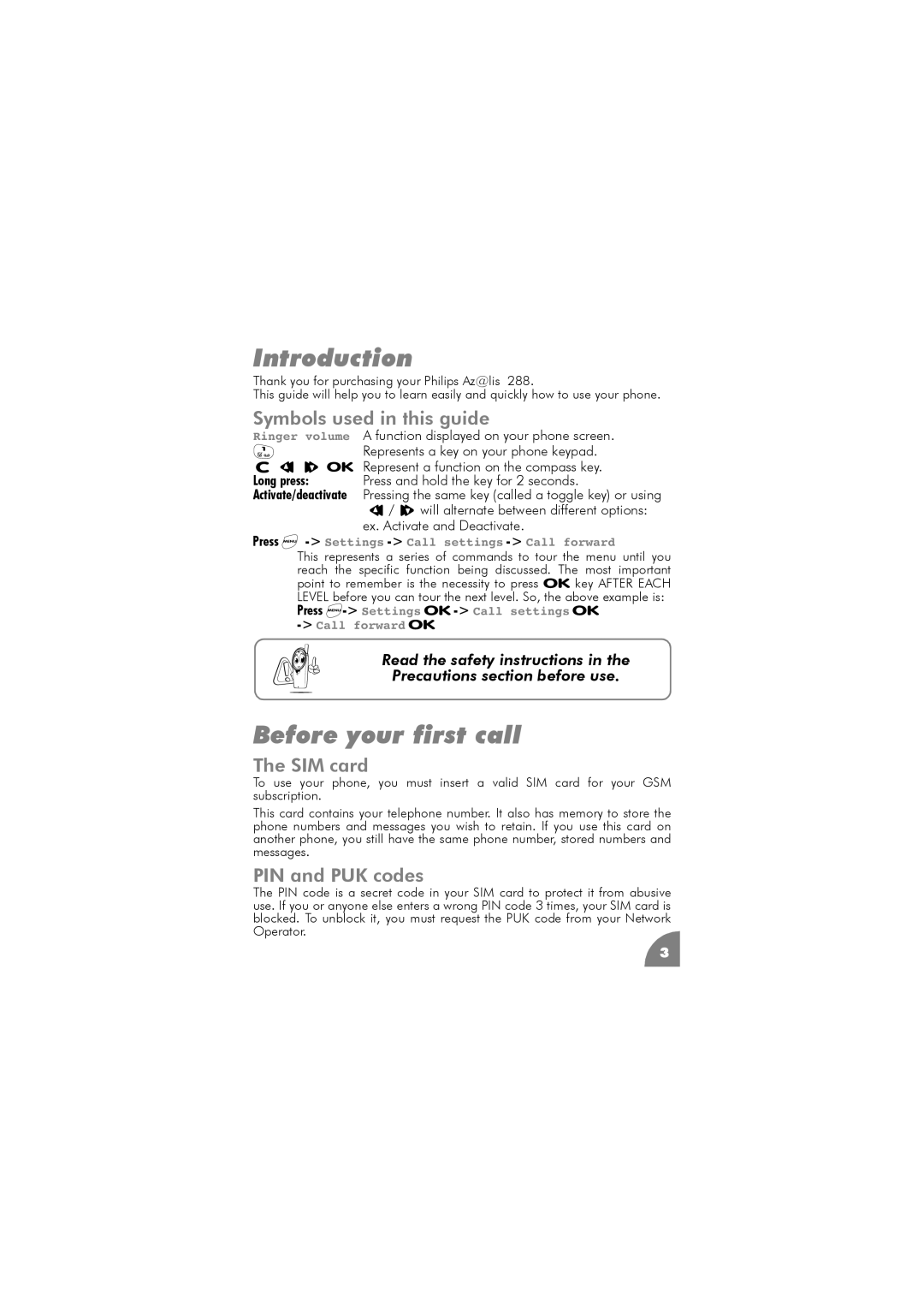 Philips 288 manual Introduction, Before your first call, Symbols used in this guide, SIM card, PIN and PUK codes 