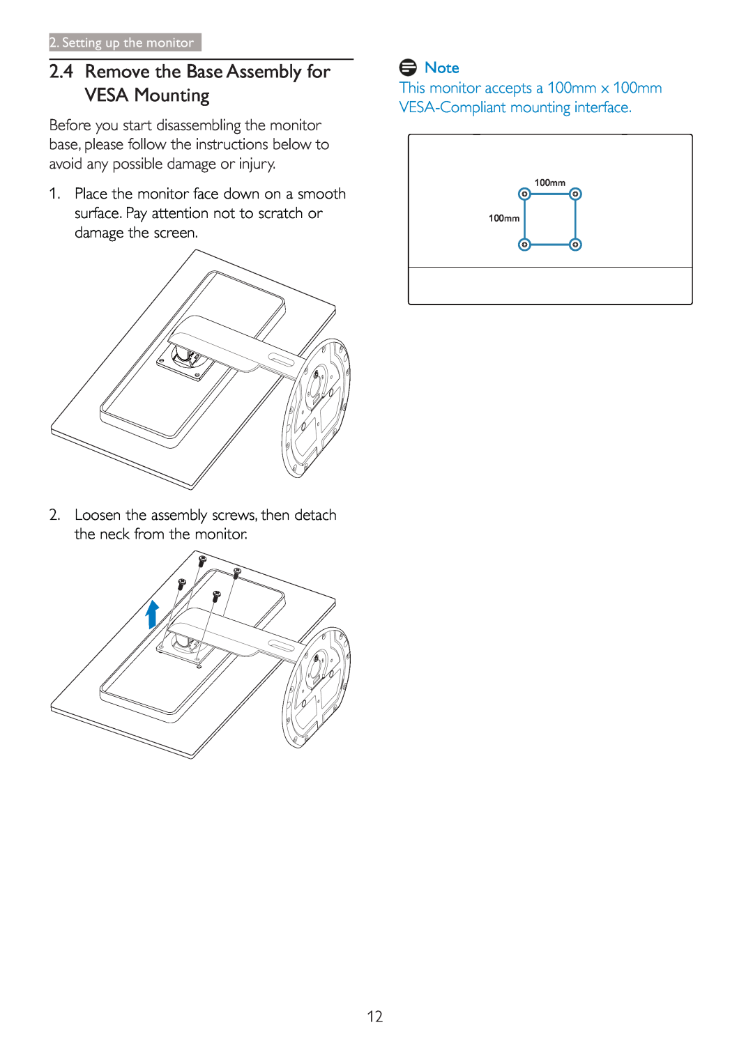 Philips 288P6LJEB user manual Remove the Base Assembly for VESA Mounting, Setting up the monitor, 100mm 100mm 