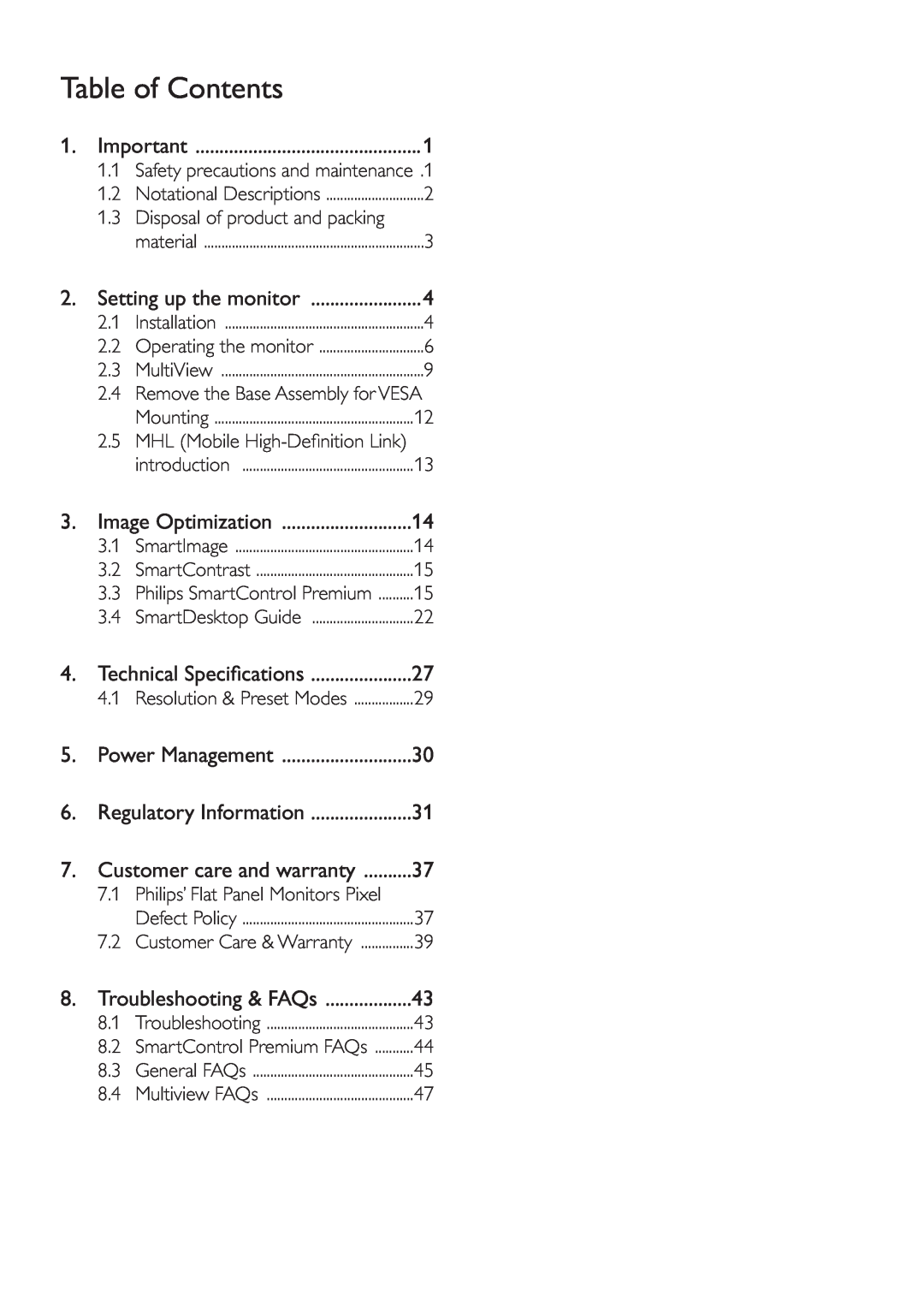 Philips 288P6LJEB user manual Table of Contents 