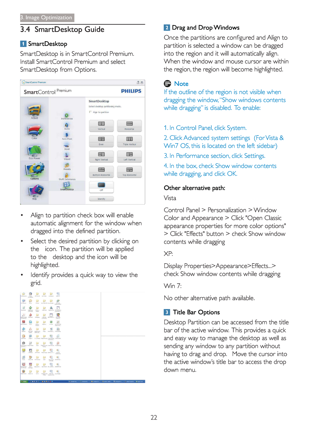 Philips 288P6LJEB user manual SmartDesktop Guide, Drag and Drop Windows, Other alternative path, Title Bar Options 