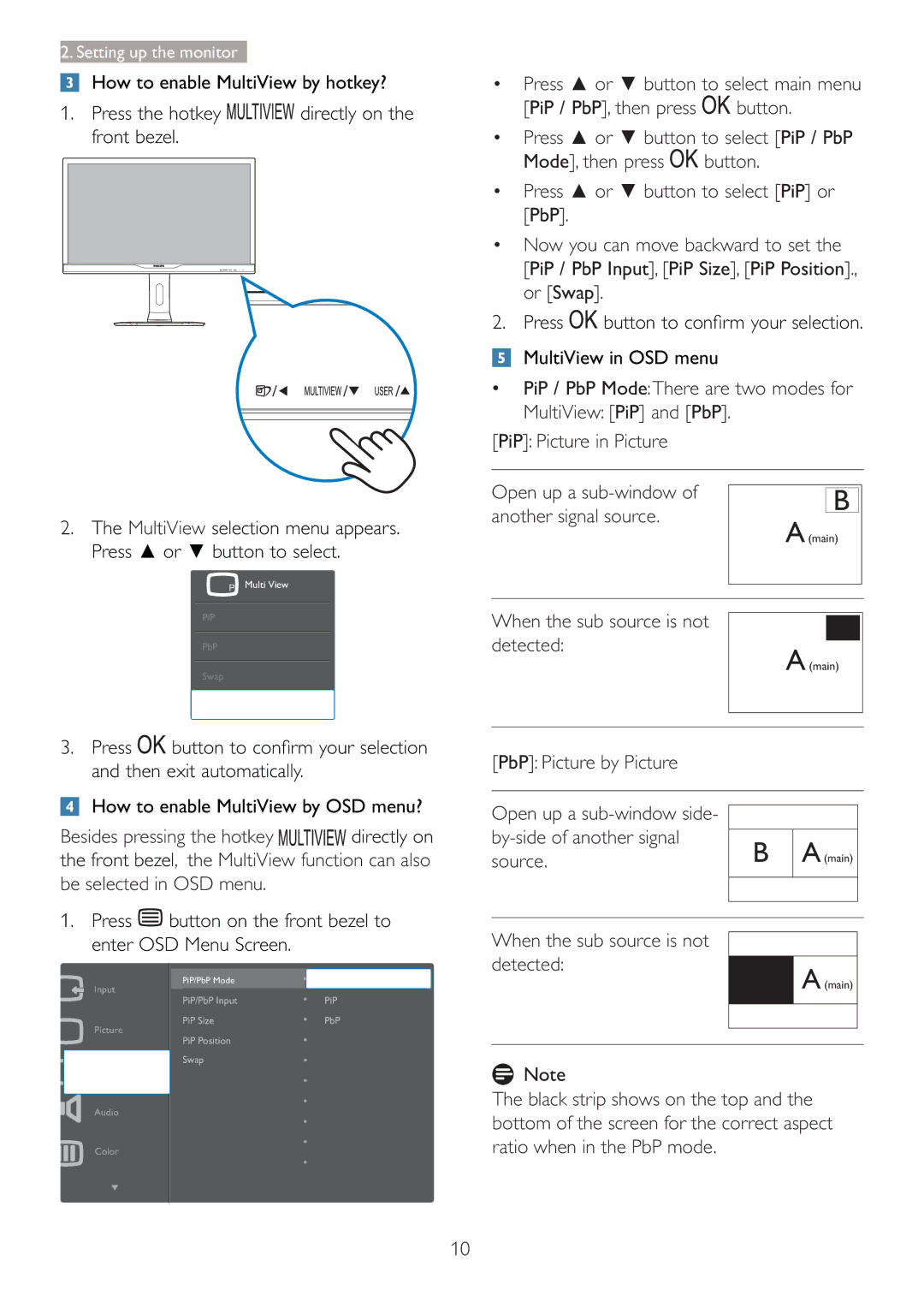 Philips 288P6LJEB user manual Press MultiView in OSD menu, When the sub source is not Detected, Source 