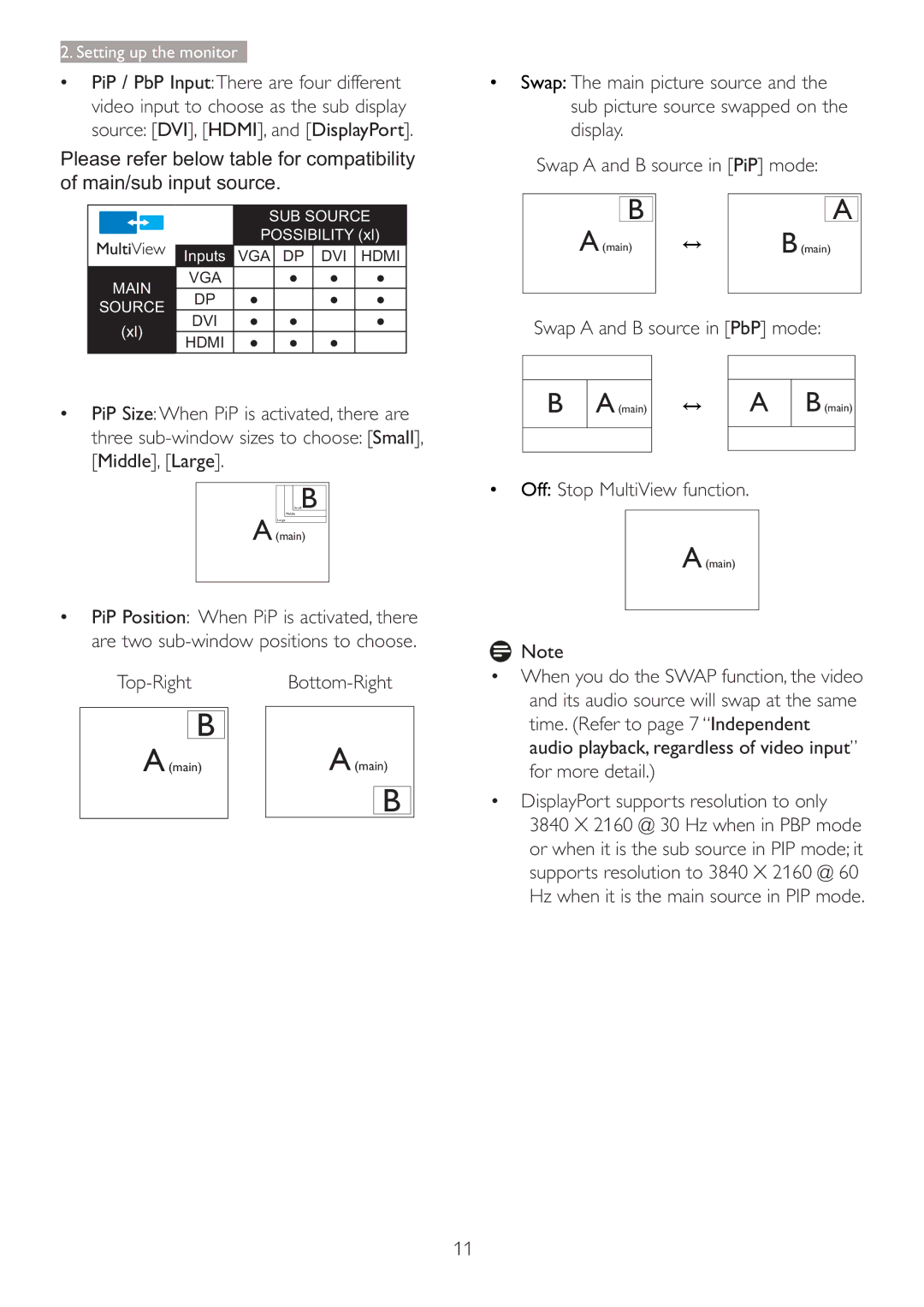 Philips 288P6LJEB user manual Swap a and B source in PbP mode, Off Stop MultiView function, Top-Right, Bottom-Right 