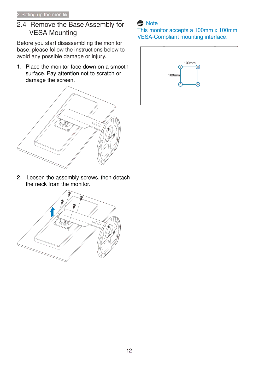 Philips 288P6LJEB user manual Remove the Base Assembly for Vesa Mounting 