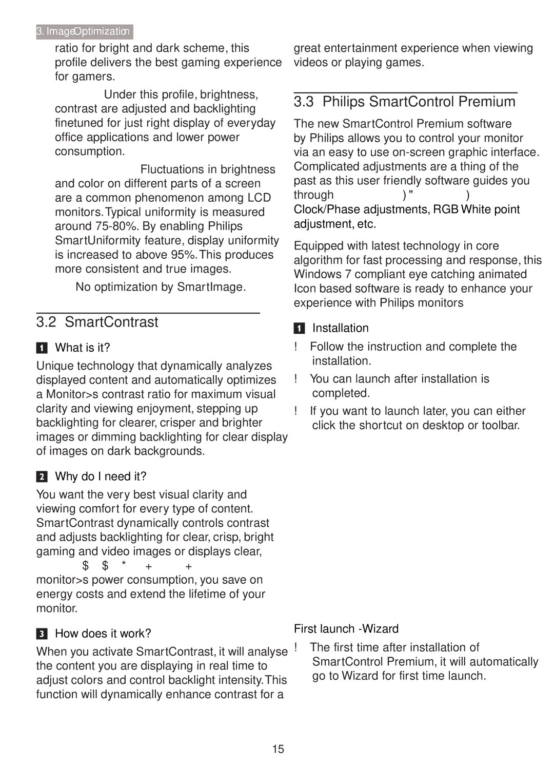 Philips 288P6LJEB user manual SmartContrast, Philips SmartControl Premium, No optimization by SmartImage 