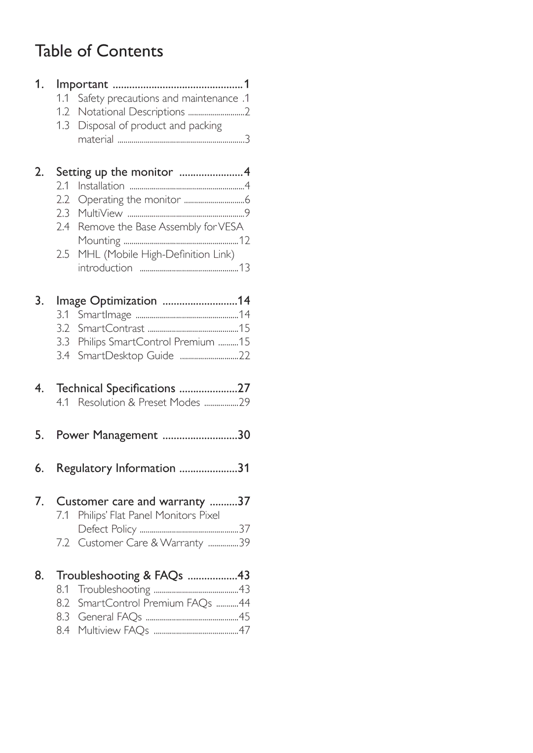 Philips 288P6LJEB user manual Table of Contents 