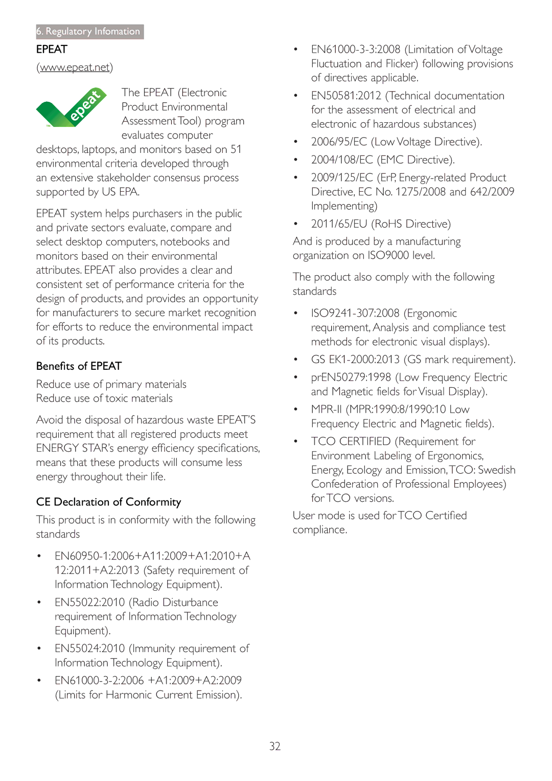 Philips 288P6LJEB user manual Epeat Electronic Product Environmental Evaluates computer, CE Declaration of Conformity 