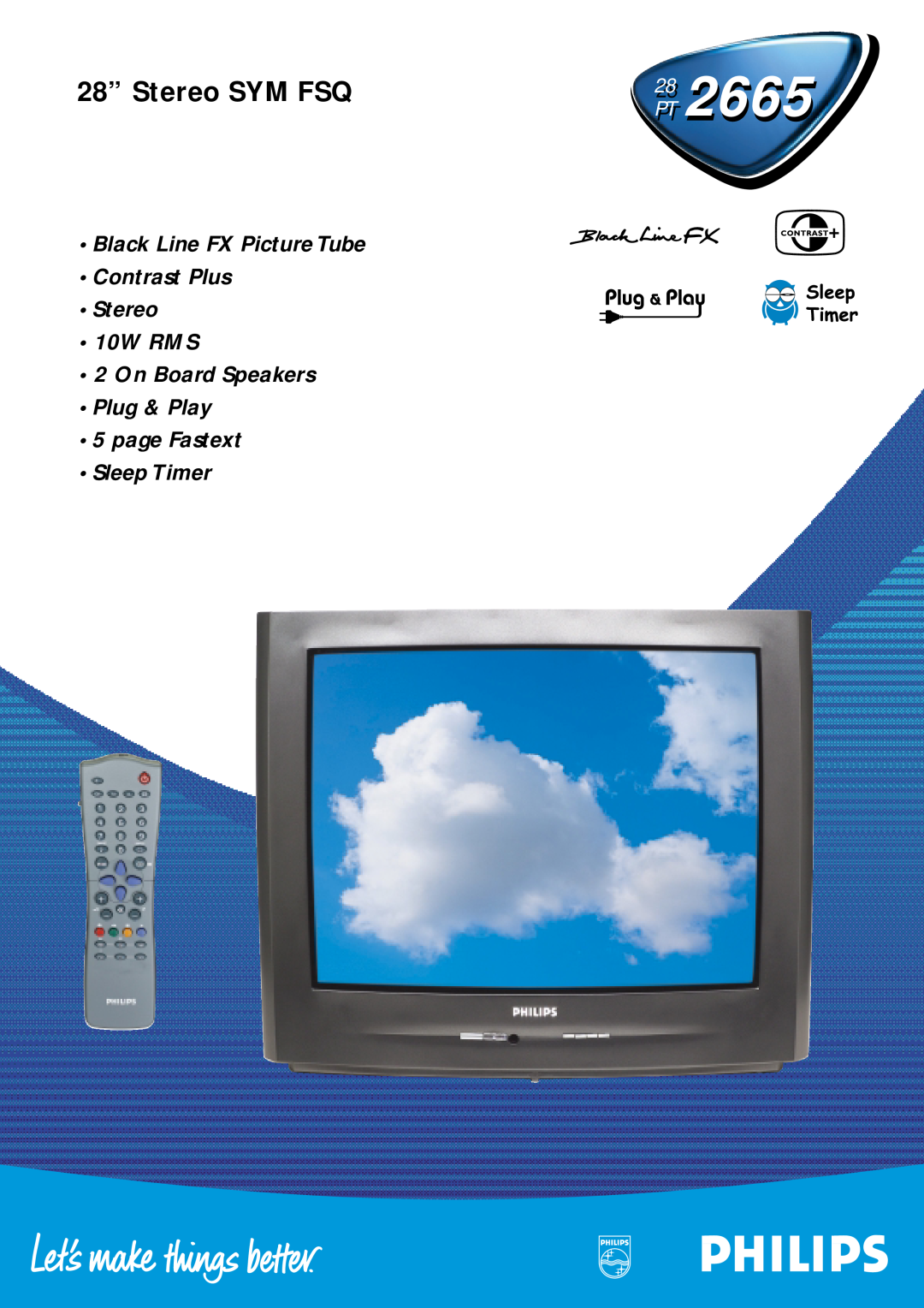 Philips 28PT2665 /58, PT 266528 manual 28” Stereo SYM FSQ, Black Line FX Picture Tube Contrast Plus Stereo 10W RMS, Pt Pt 