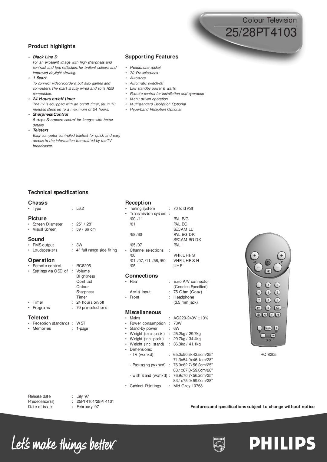 Philips 28PT4103, 25PT4103 manual Technical specifications Chassis Reception, Picture, Sound, Operation, Connections 