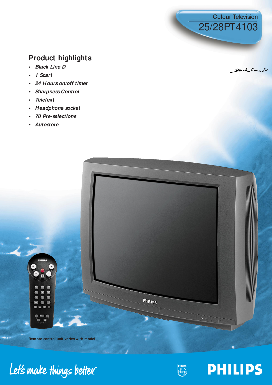 Philips 25PT4103 manual 25/28PT4103, Colour Television, Product highlights, Headphone socket 70 Pre-selections Autostore 
