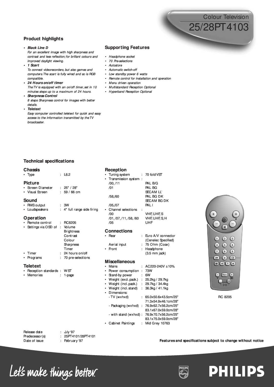Philips 25/28PT4103, Colour Television, Product highlights, Supporting Features, Technical specifications, Chassis 