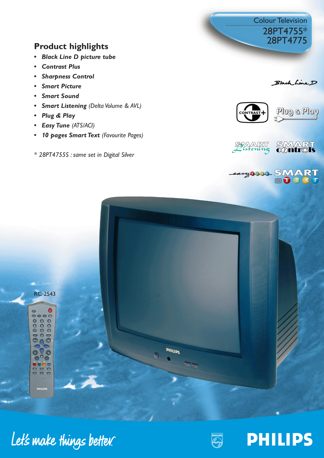 Philips 28PT4755* manual 28PT4775, Colour Television, Product highlights, Smart Picture Smart Sound 
