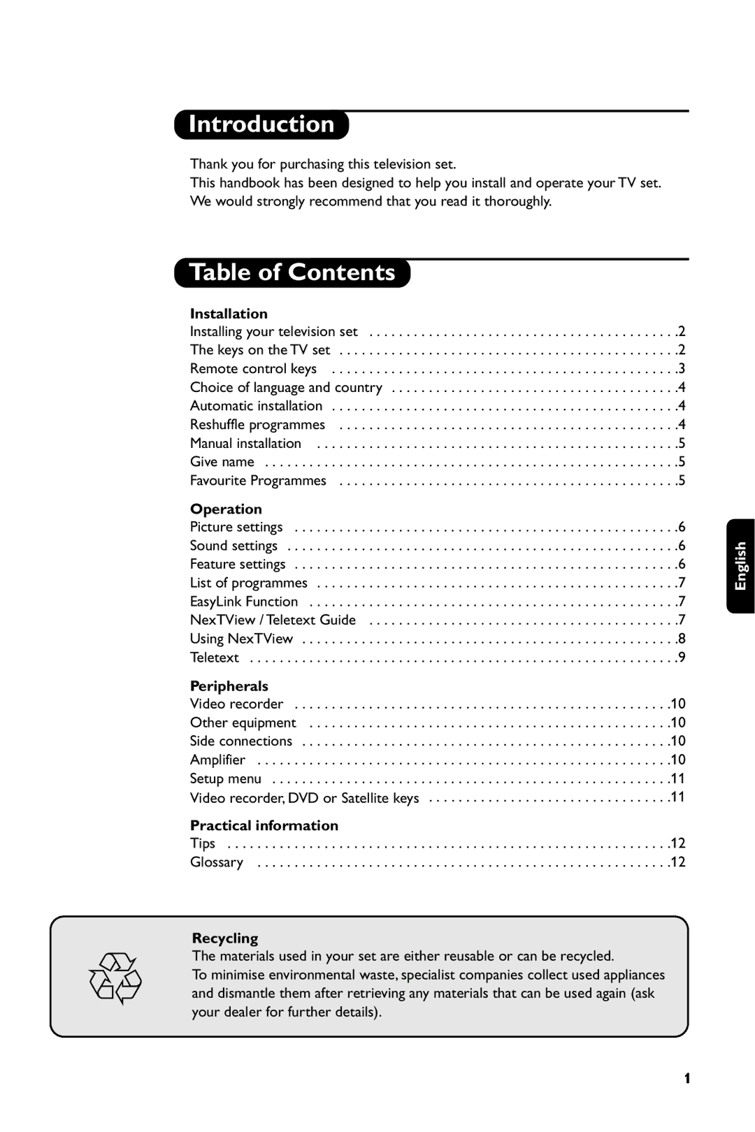 Philips 28PT7007/12 manual Introduction, Table of Contents 