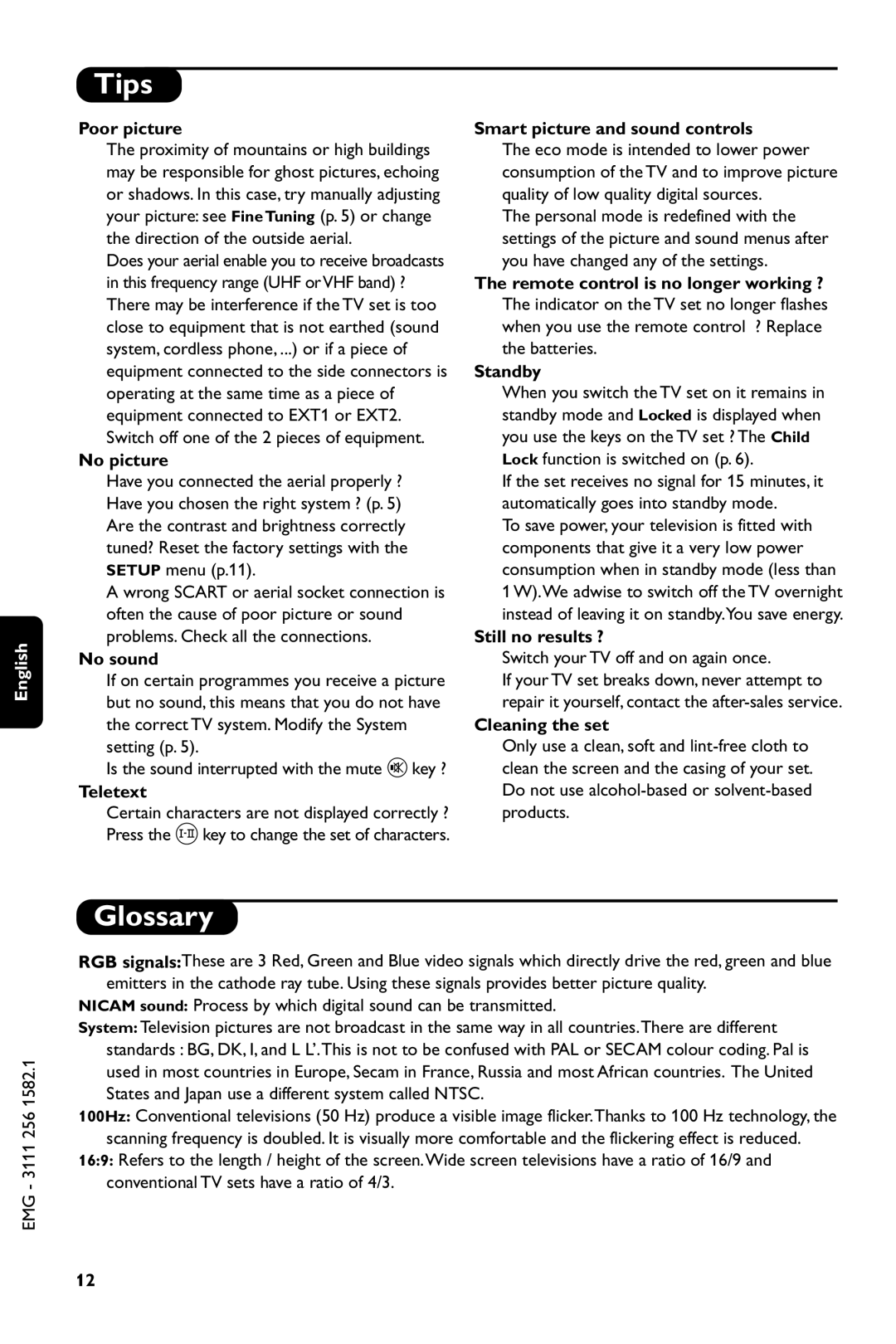 Philips 28PT7007/12 manual Tips, Glossary 