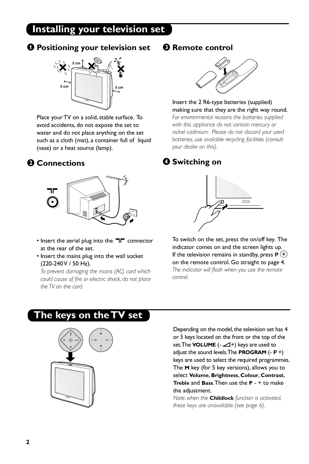 Philips 28PT7007/12 Installing your television set, Keys on the TV set, Positioning your television set, Remote control 