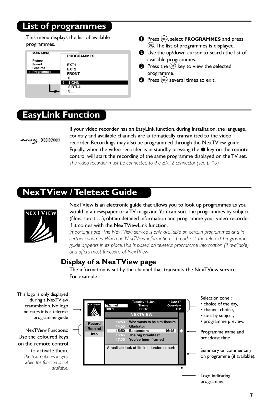 Philips 28PT7007/12 manual List of programmes, EasyLink Function, NexTView / Teletext Guide, Display of a NexTView 