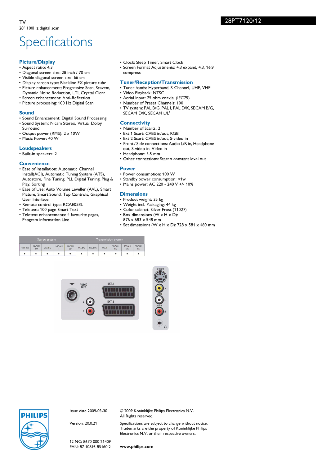 Philips 28PT7120 manual Specifications 