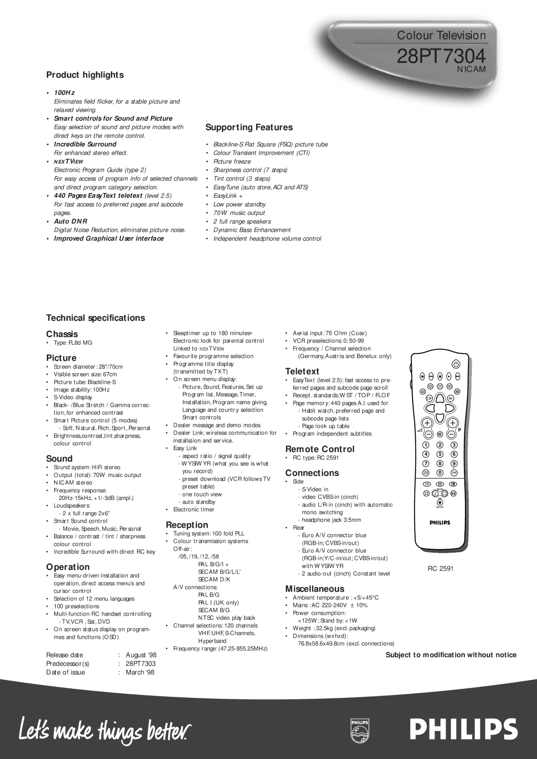 Philips 28PT7304NICAM Product highlights, Technical specifications Chassis, Picture, Sound, Operation, Reception, Teletext 