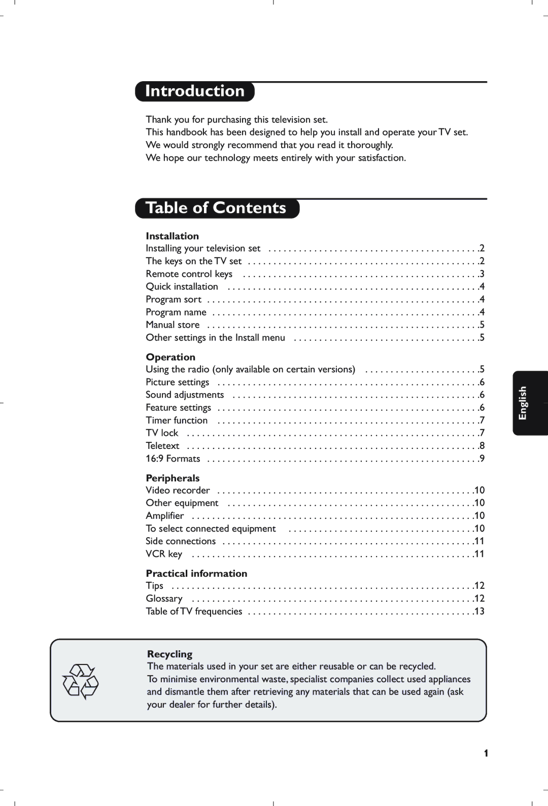 Philips 28PW6006/25 manual Introduction, Table of Contents 