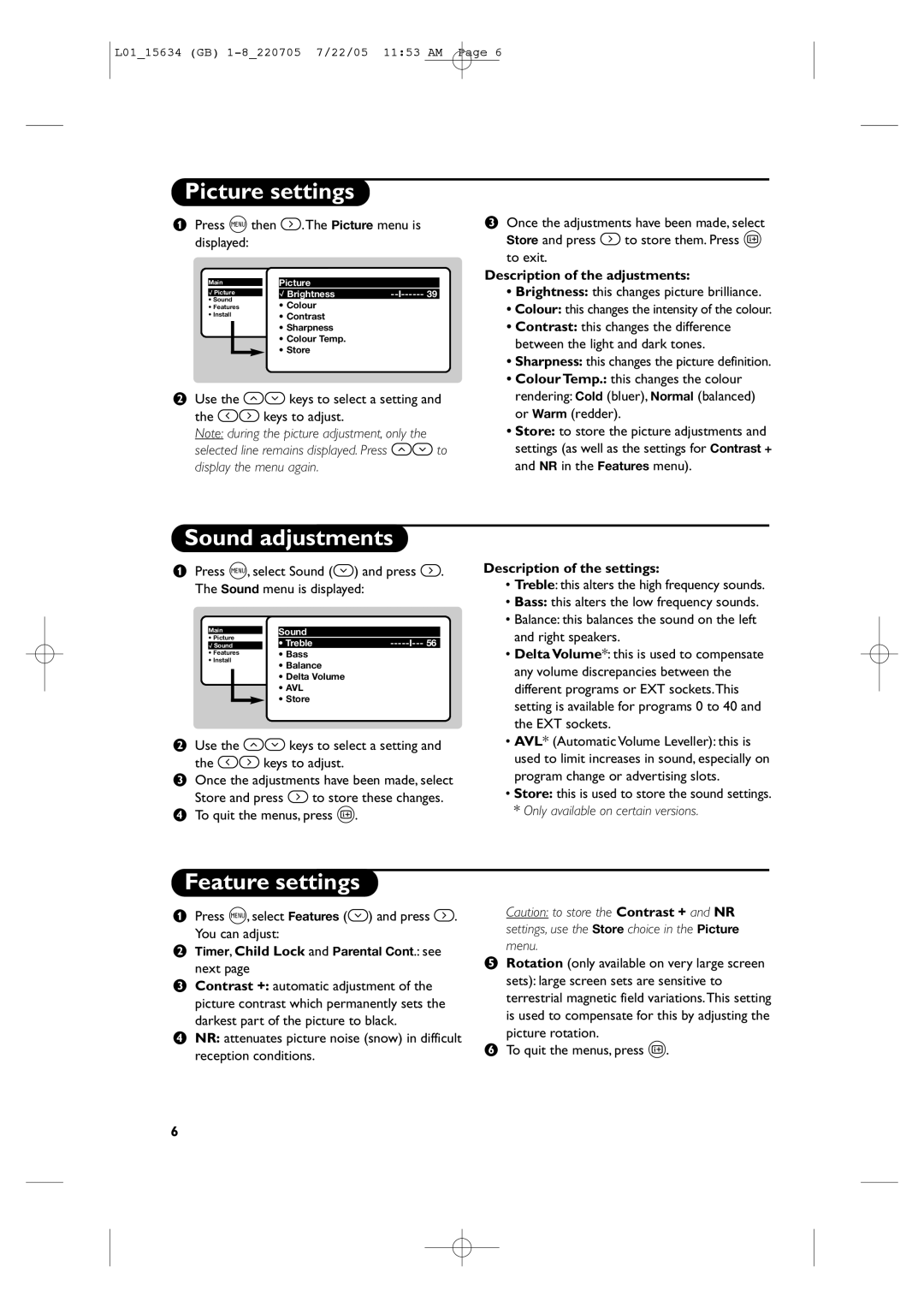 Philips 28PW6006/58 manual Picture settings, Sound adjustments, Feature settings, Description of the adjustments 