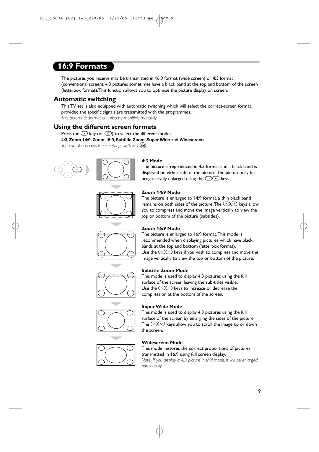 Philips 28PW6006/58 manual Formats, Automatic switching, Using the different screen formats 