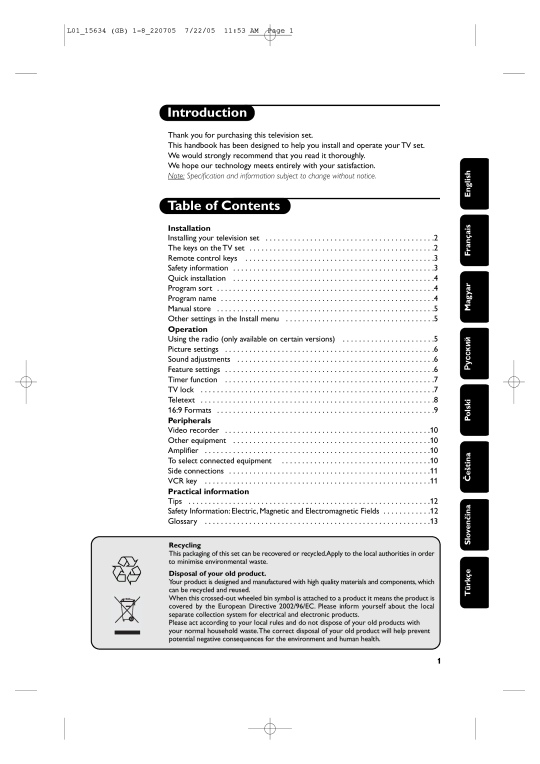 Philips 28PW6006/58 manual Introduction, Table of Contents 