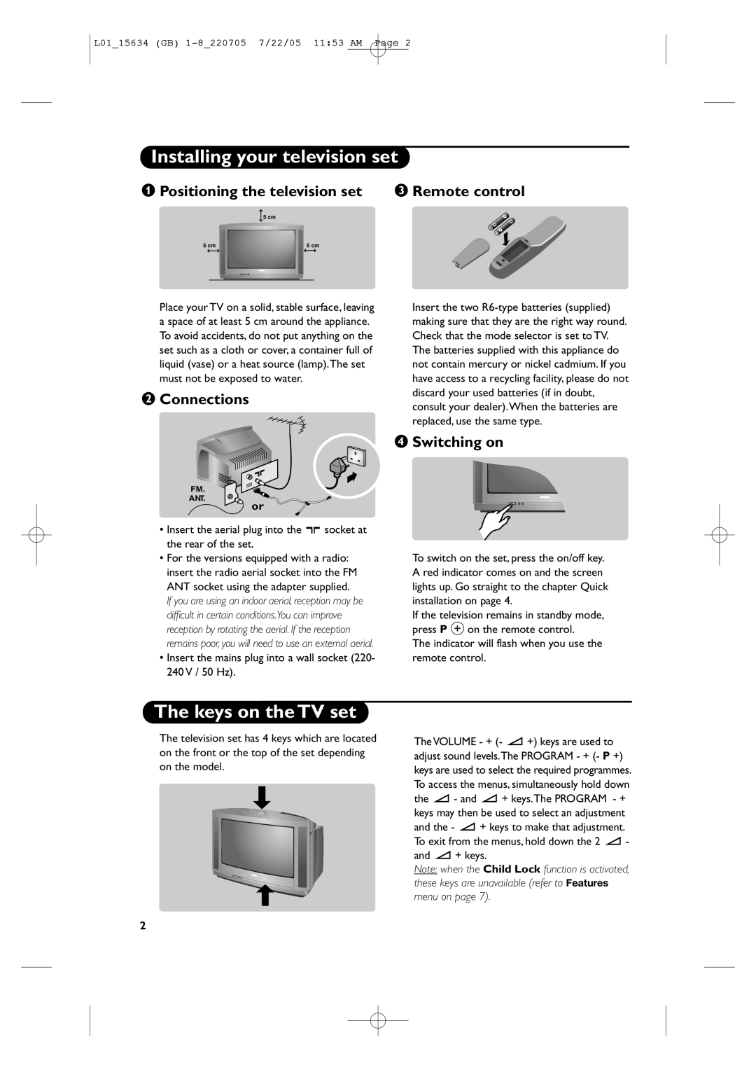 Philips 28PW6006/58 manual Installing your television set, Keys on the TV set 