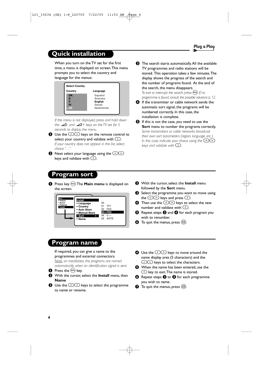 Philips 28PW6006/58 manual Quick installation, Program sort, Program name, Name 