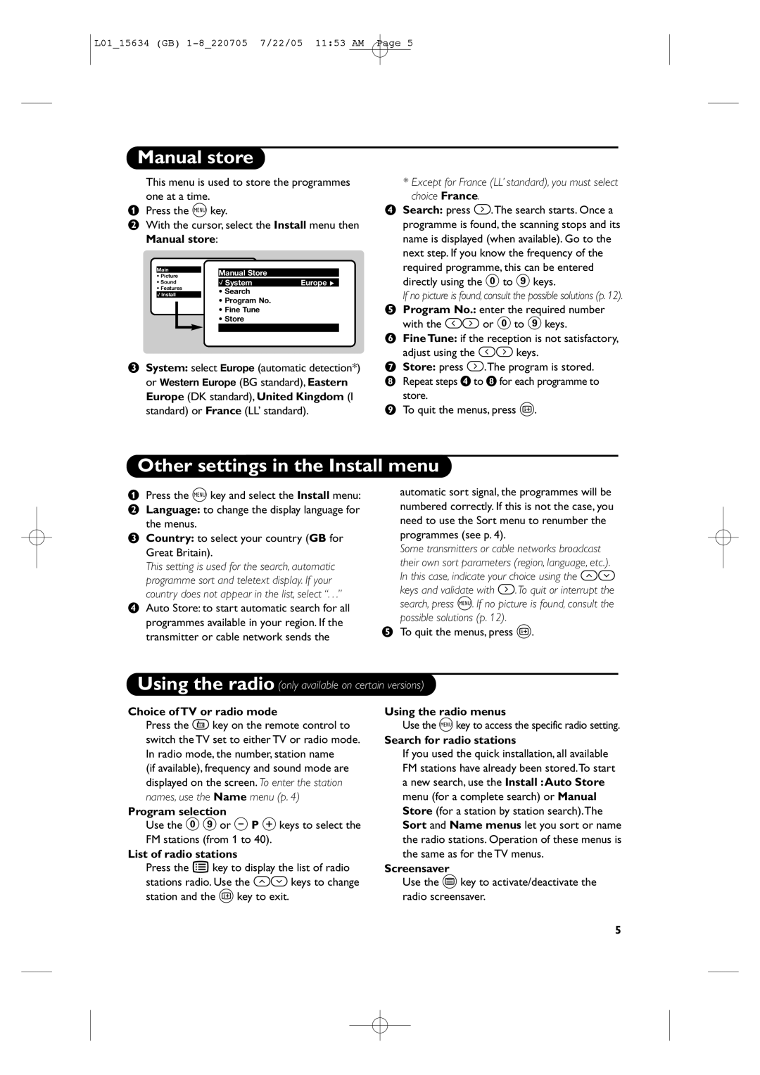 Philips 28PW6006/58 manual Manual store, Other settings in the Install menu 