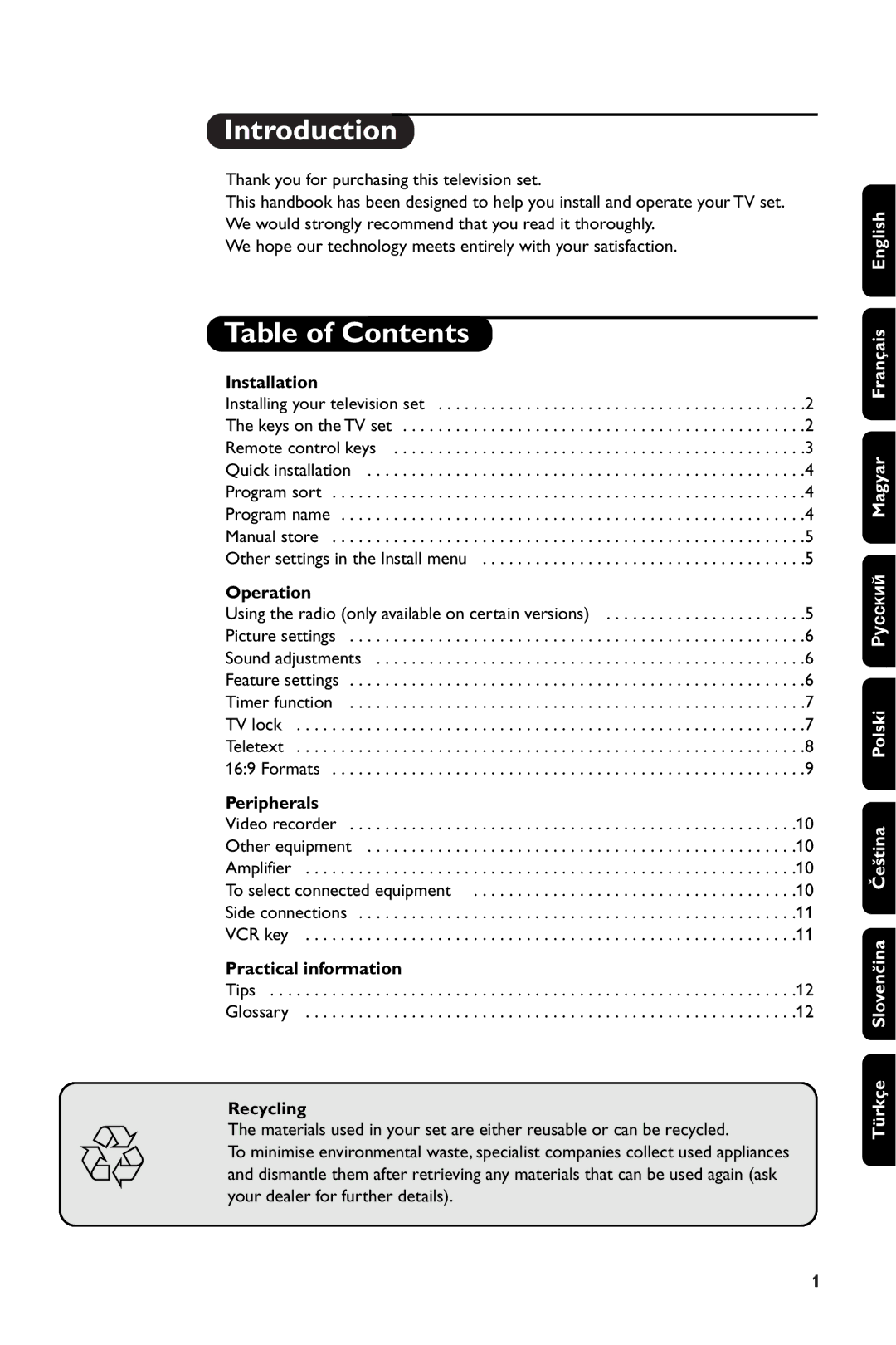 Philips 28PW6108/01 manual Introduction, Table of Contents 