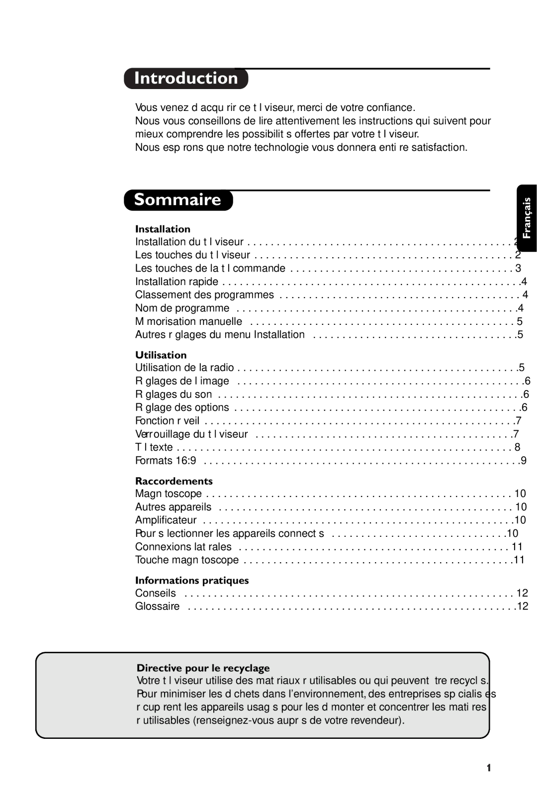 Philips 28PW6108/01 manual Sommaire, Utilisation, Raccordements, Informations pratiques, Directive pour le recyclage 