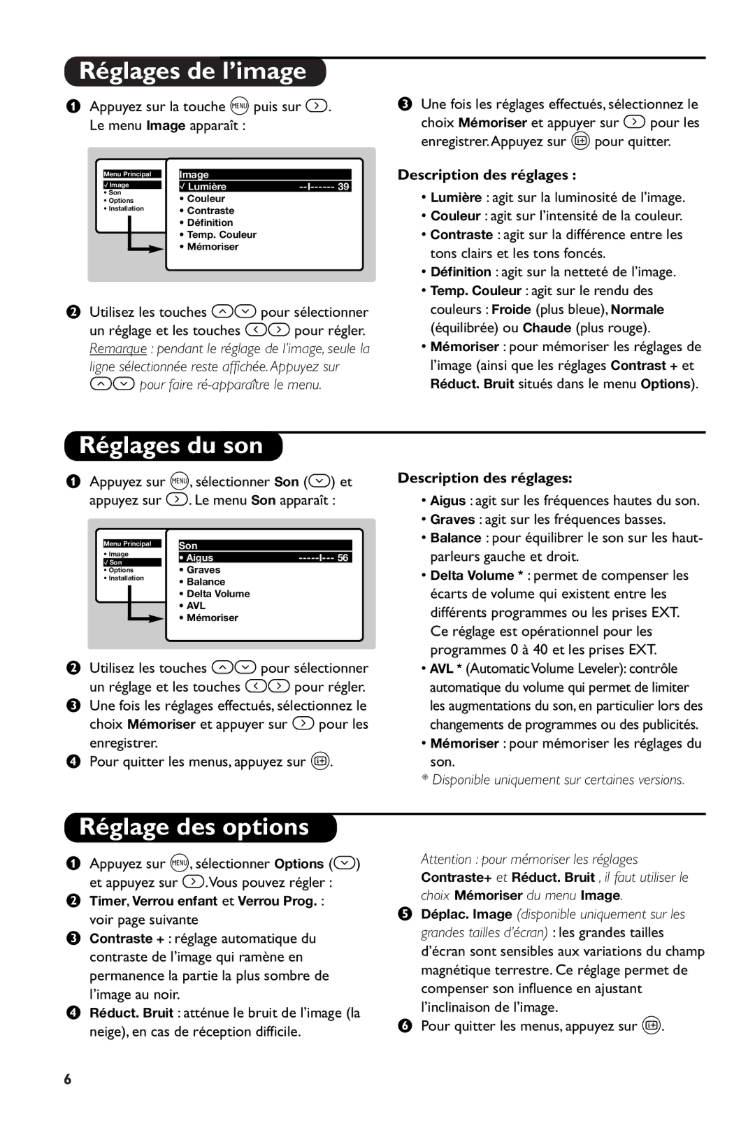 Philips 28PW6108/01 manual Réglages de l’image, Réglages du son, Réglage des options, Description des réglages 