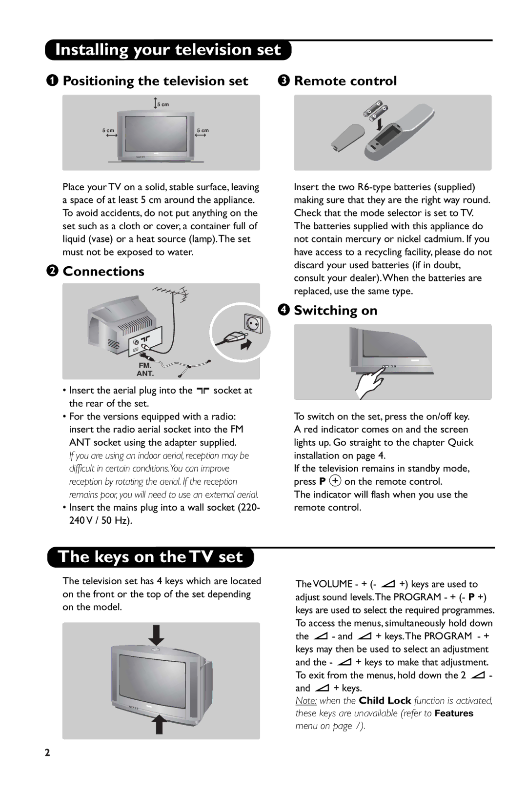 Philips 28PW6108/01 manual Installing your television set, Keys on the TV set 