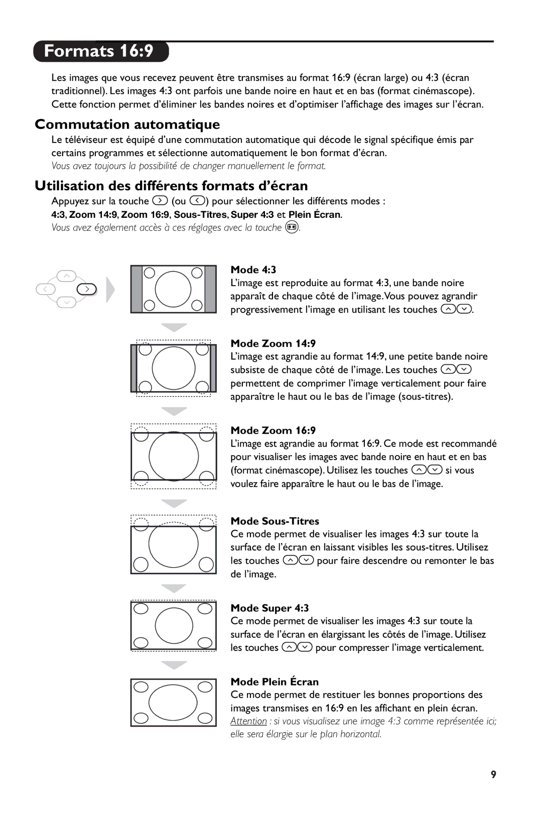 Philips 28PW6108/01 manual Commutation automatique, Utilisation des différents formats d’écran 