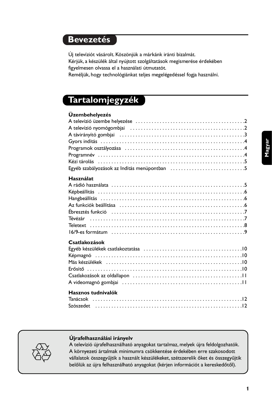 Philips 28PW6108/01 manual Bevezetés, Tartalomjegyzék 