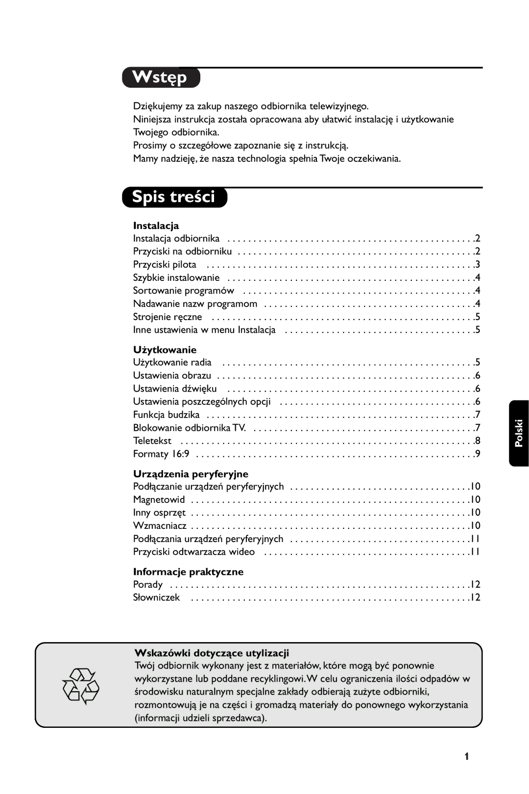 Philips 28PW6108/01 manual Wstęp, Spis treści 