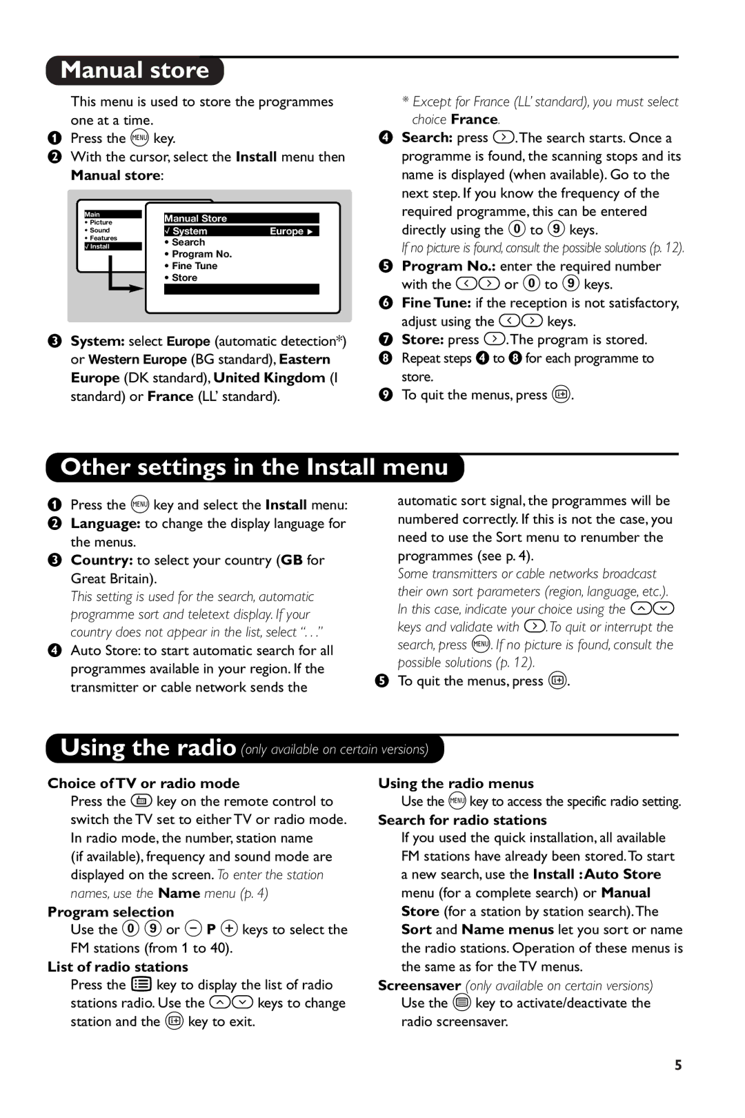 Philips 28PW6108/01 manual Manual store, Other settings in the Install menu 