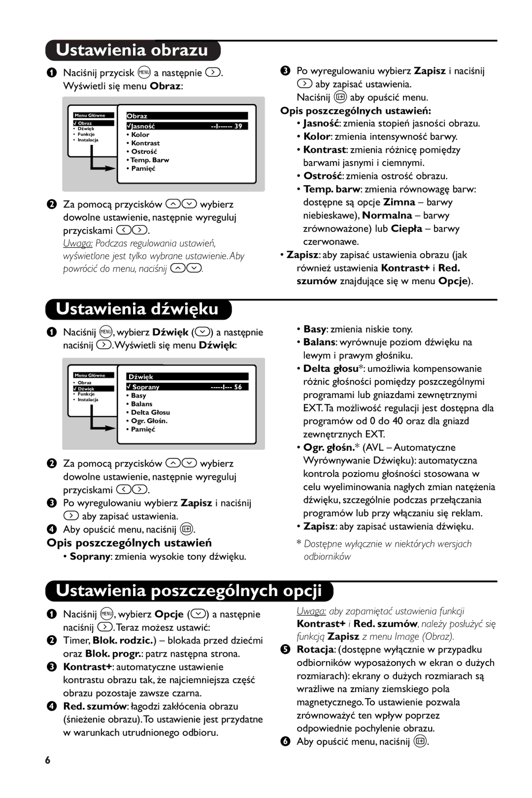 Philips 28PW6108/01 Ustawienia obrazu, Ustawienia dźwięku, Ustawienia poszczególnych opcji, Opis poszczególnych ustawień 