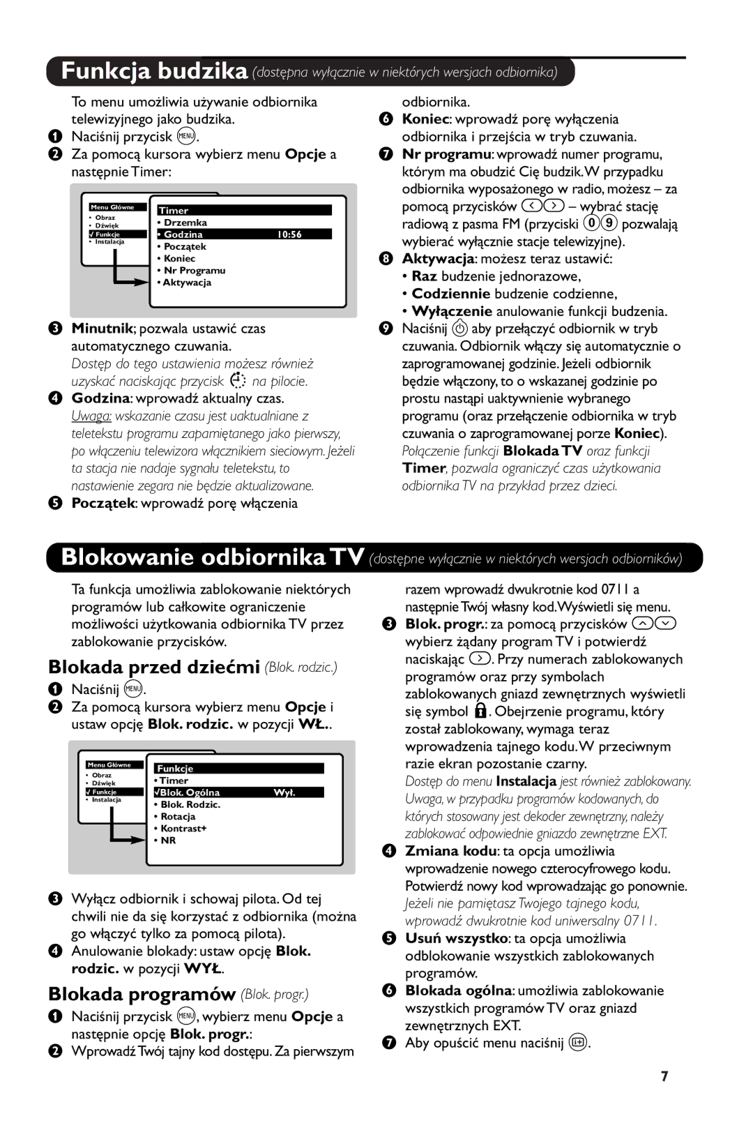 Philips 28PW6108/01 Blokada przed dziećmi Blok. rodzic, Blokada programów Blok. progr, Wprowadź dwukrotnie kod uniwersalny 