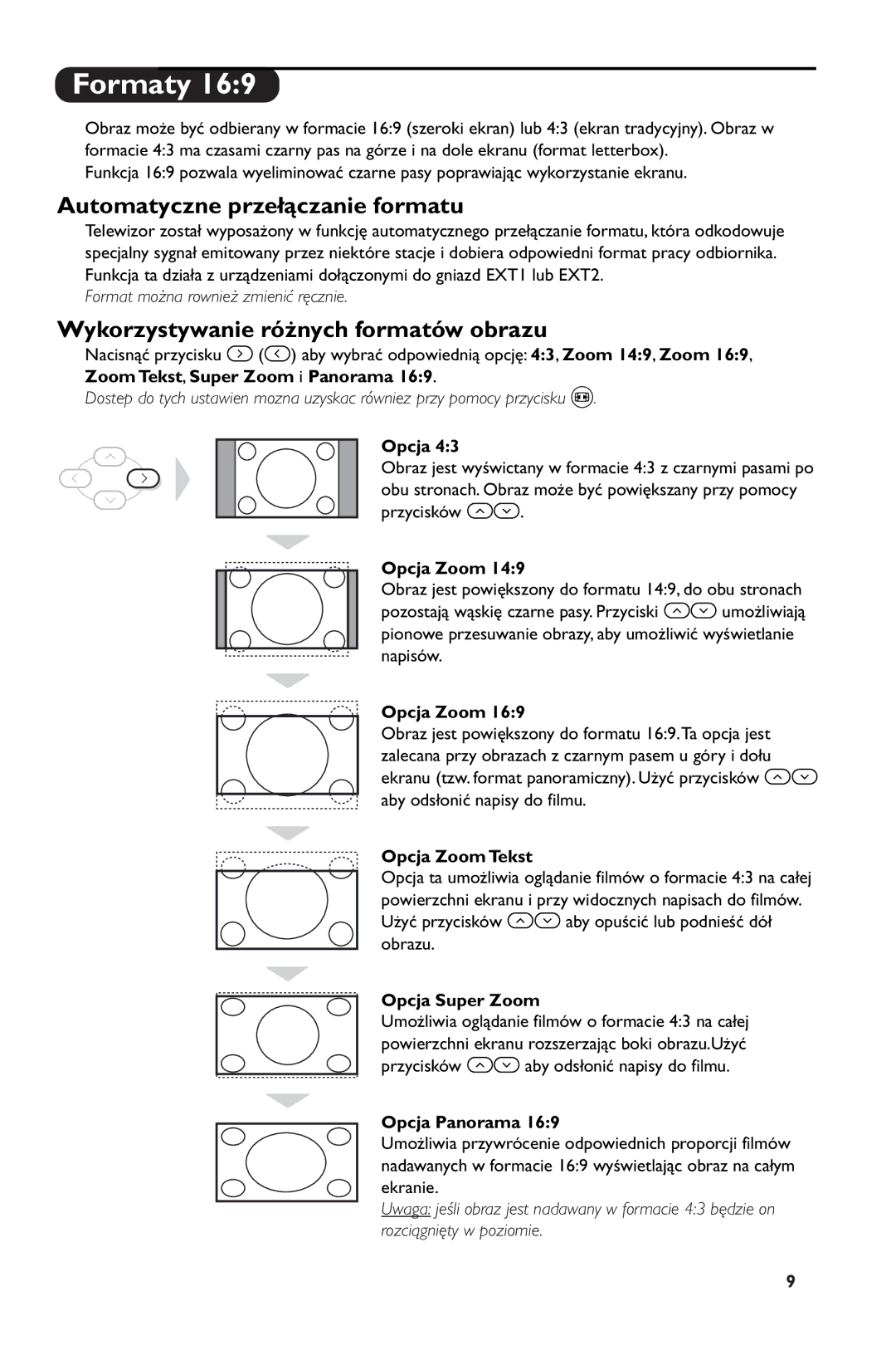 Philips 28PW6108/01 manual Formaty, Automatyczne przełączanie formatu, Wykorzystywanie różnych formatów obrazu 