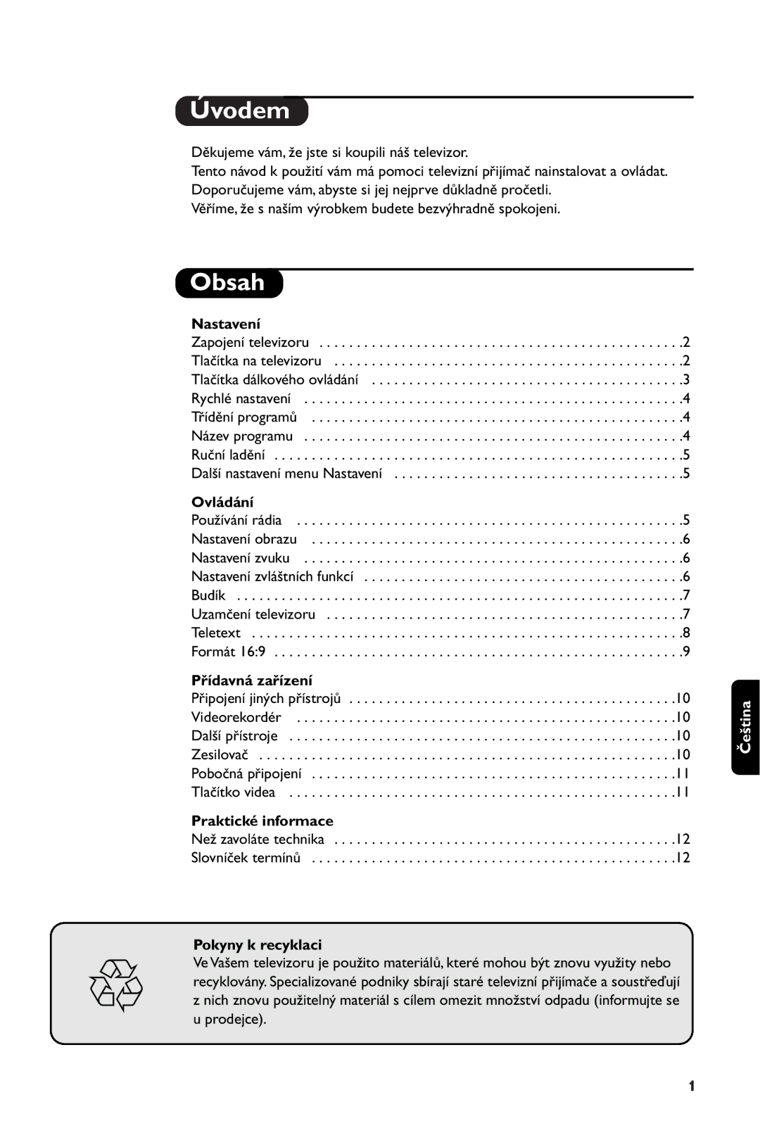 Philips 28PW6108/01 manual Úvodem, Obsah 