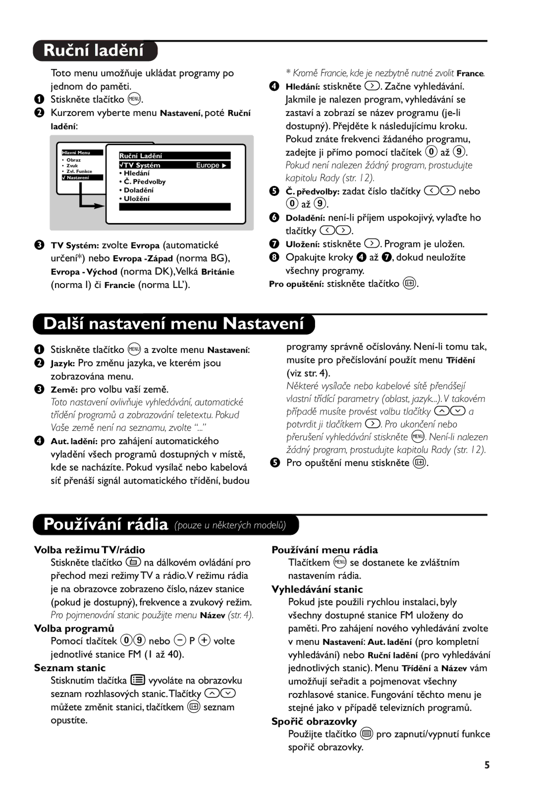 Philips 28PW6108/01 manual Ruční ladění, Další nastavení menu Nastavení 