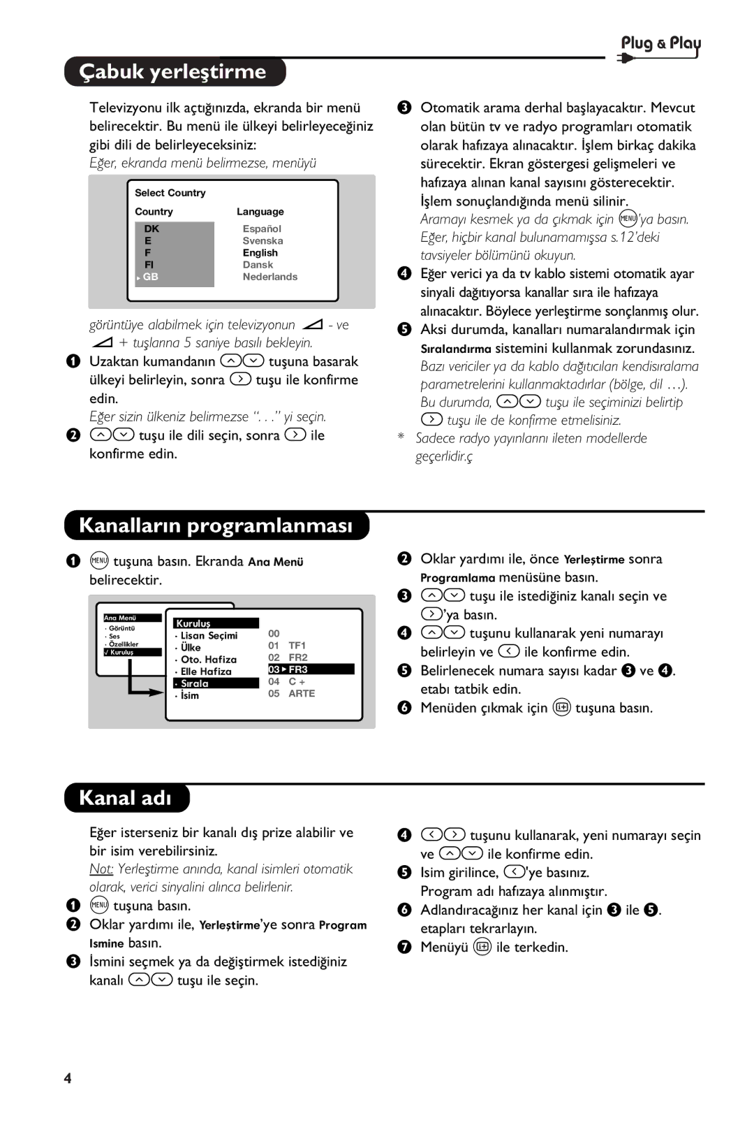 Philips 28PW6108/01 manual Çabuk yerleﬂtirme, Kanallar›n programlanmas›, Kanal ad›, ¤er, ekranda menü belirmezse, menüyü 