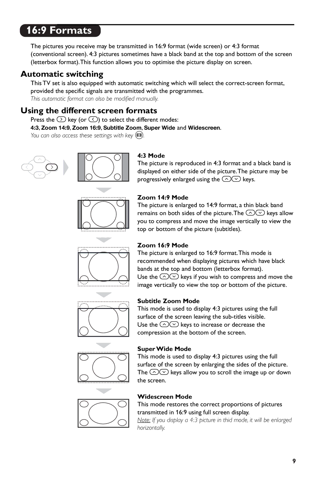 Philips 28PW6108/01 manual Formats, Automatic switching, Using the different screen formats 