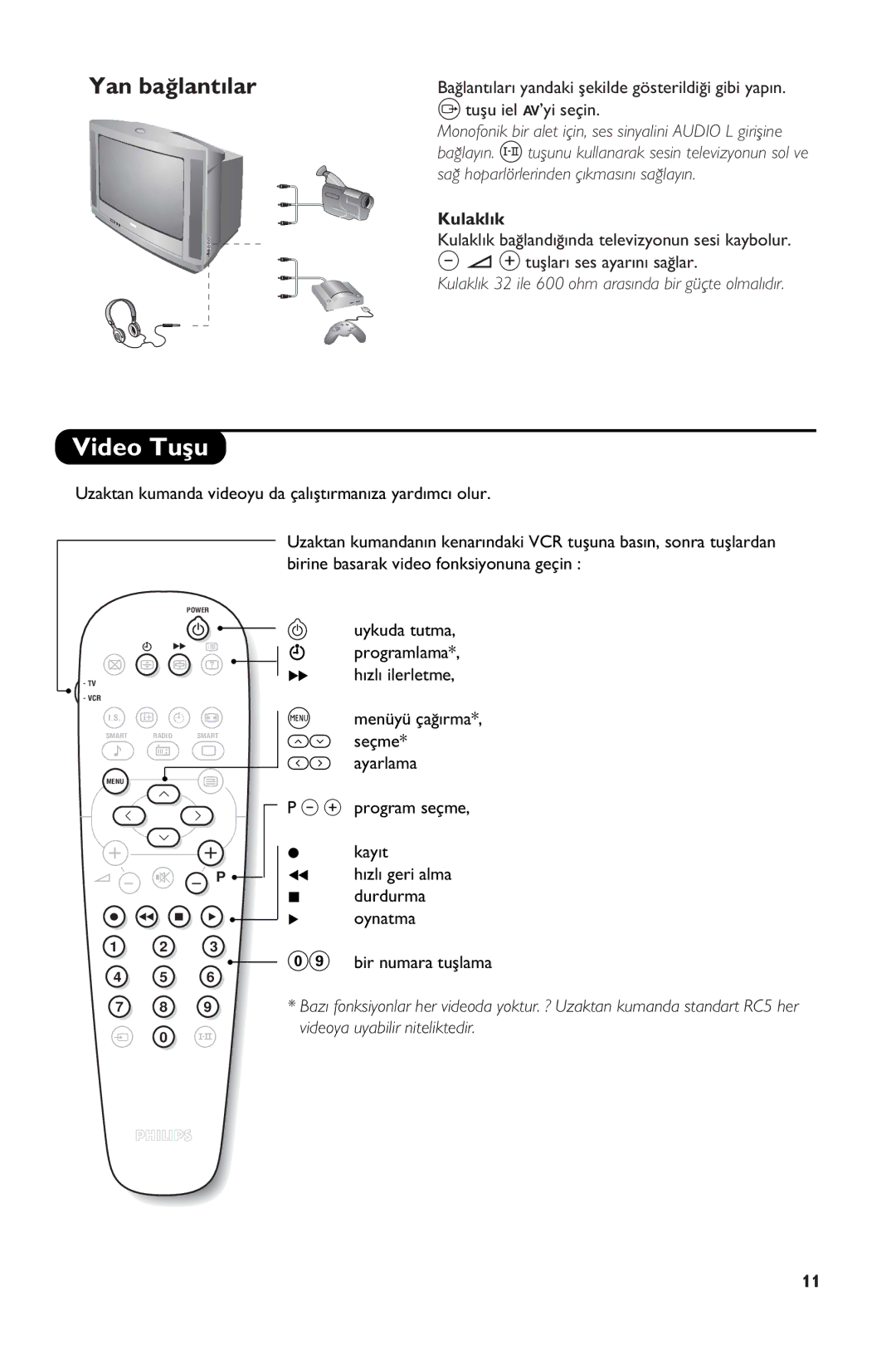 Philips 28PW6108/01 manual Video Tuﬂu, Bir numara tuﬂlama, Durdurma Æ oynatma 