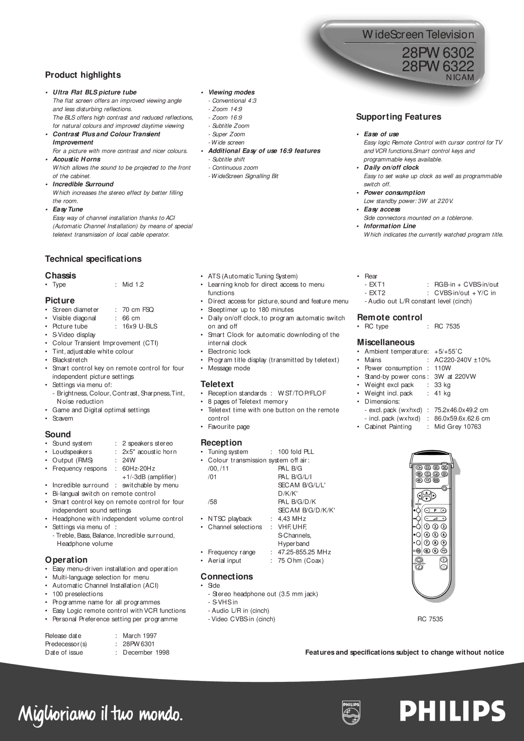 Philips 28PW6302 NICAM, 28PW6322 NICAM manual 