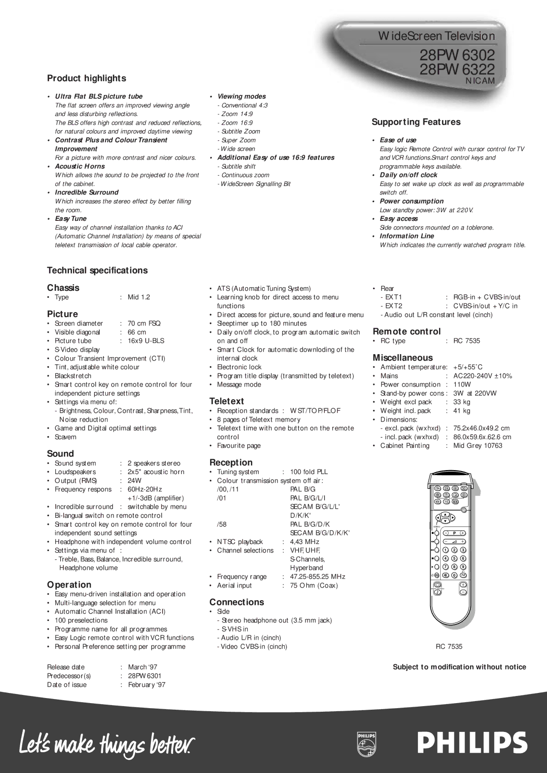 Philips 28PW6302 Product highlights, Technical specifications Chassis, Picture, Sound, Operation, Teletext, Reception 